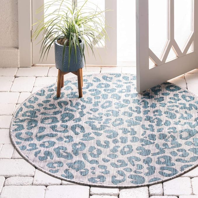 Unique Loom Outdoor Safari Collection Area Rug - Leopard (4' 1" Round, Teal/ Ivory)