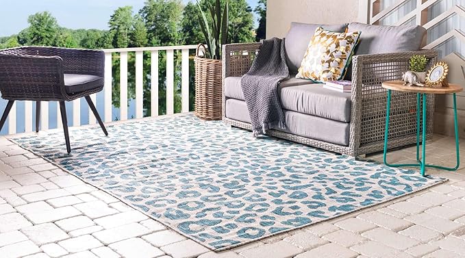 Unique Loom Outdoor Safari Collection Area Rug - Leopard (4' 1" x 6' 1" Rectangle, Teal/ Ivory)