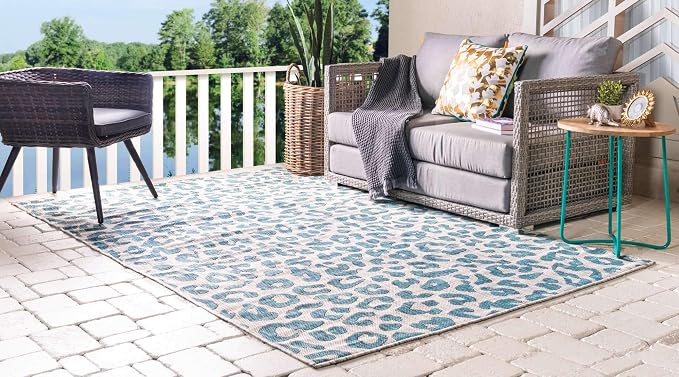 Unique Loom Outdoor Safari Collection Area Rug - Leopard (6' 1" x 9' Rectangle, Teal/ Ivory)