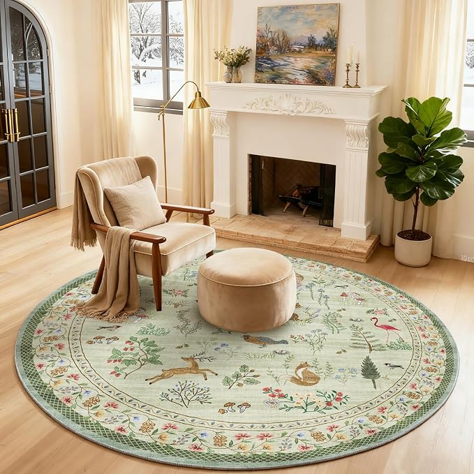 4x4 Round Bedroom Rug Washable: Living Room Rug Stain Resistant Non Slip Low Pile Small Carpet Rugs for Bedroom Kitchen Entryway Living Room Bedside Office Dorm Kids Room Entrance Indoor