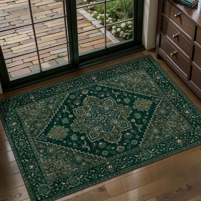 Tangsoo Dark Green 2x3 Small Rugs for Entryway, Washable Vintage Non Slip Oriental Rug, Indoor Front Door Rug, Print Door Mat Small Carpet, Soft Low Pile Rugs for Entrance Kitchen Bedroom Home Decor