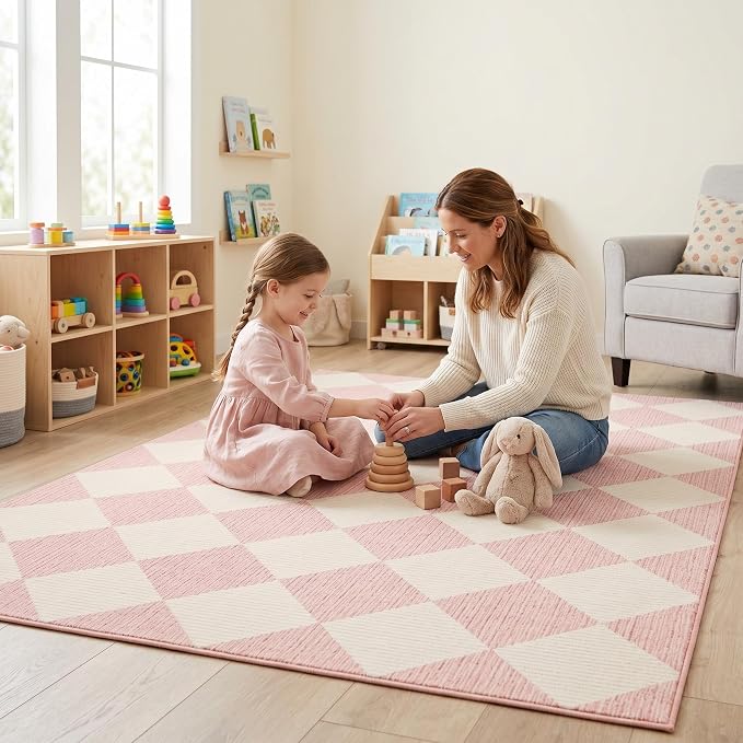 GarveeHome 3x5 Checkered Area Rug Non Slip Washable Entryway Bedroom Rug | Modern Geometric Plaid Pink Carpet Classic Throw Mat for Kitchen Bedside Kids Room Office Dining Room