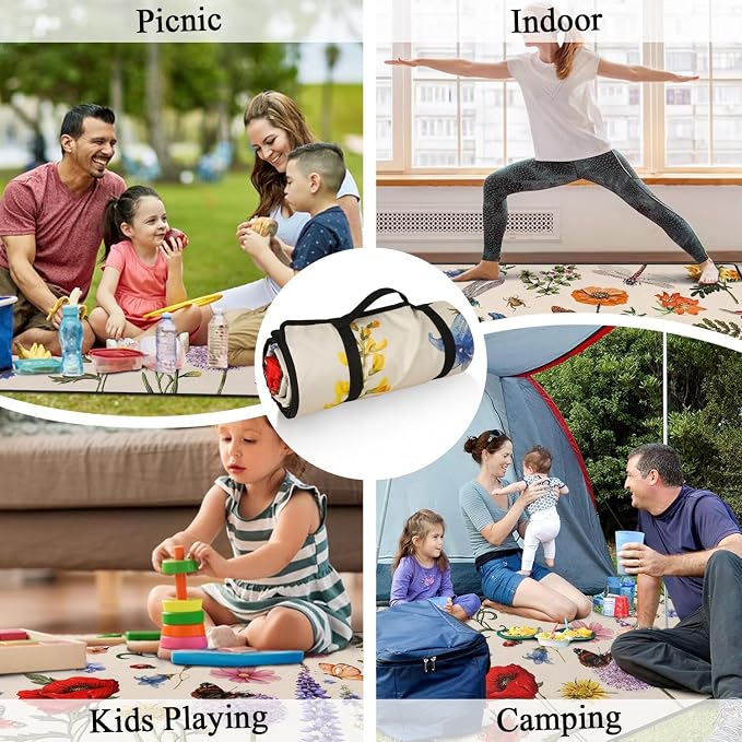Picnic Blankets Waterproof Foldable Extra Large,80"x 80" Outdoor Beach Blanket Sandproof,3-Layer Lightweight Handy Mat Tote Picnic Camping Rugs for Outside Your Rv (Farmhouse Floral)