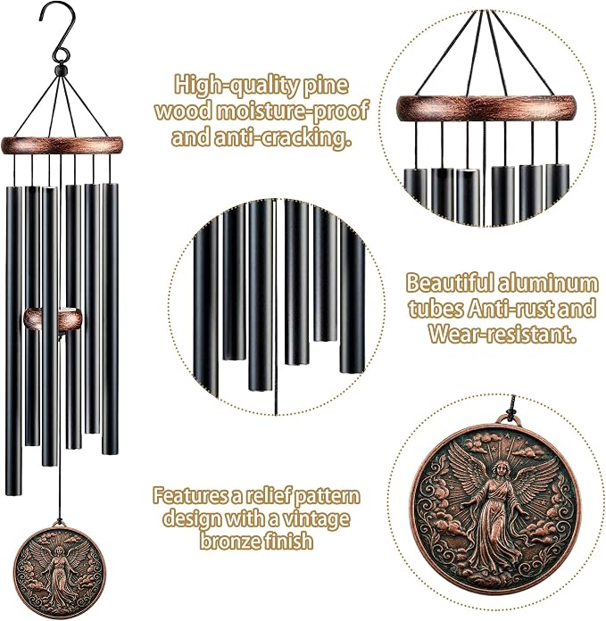 Angel Wind Chimes for Outside, Memorial Sympathy Gifts for Loss of Loved One, Deep Tone Windchime with 3D Embossed Guardian Angel Design for Garden Patio Porch Yard Décor