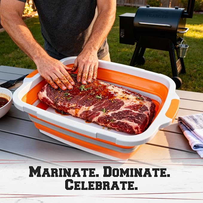 KITCHEN PERFECTION Collapsible XL Smoker & BBQ Prep Tub with Locking Lid | Includes Cutting Board, Meat Marinade & Brine Container For Turkey, Brisket & Ribs - Best Grill Accessories Gifts For Men