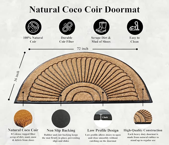 A1HC Natural Coir Doormat 36 x 72 Inch, Heavy Duty Large Front Door Mat for Outside Entrance, Non-Slip Rubber Backing, Low Profile, Durable Welcome Entry Mat, Easy to Clean - Semicircular