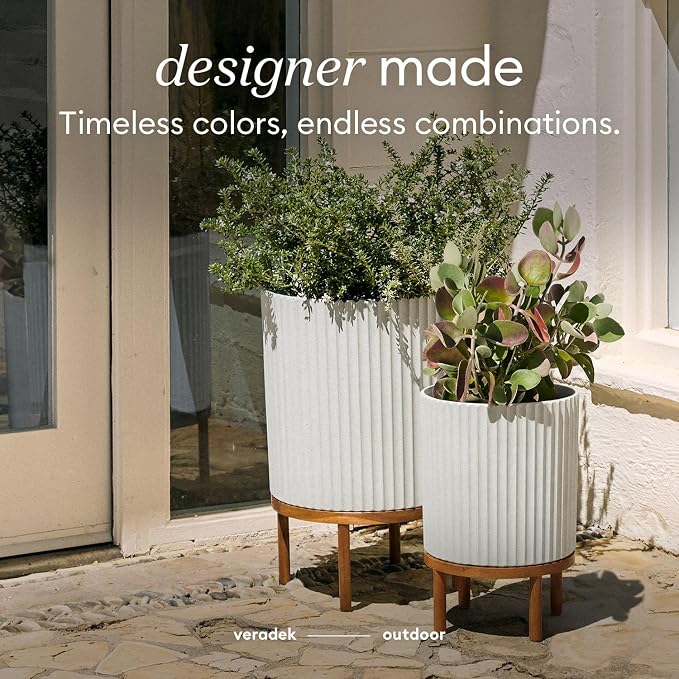 Veradek Demi 16 in. Raised with Stand Round White Plastic Planter with Brown Stand DMSTV16WBR