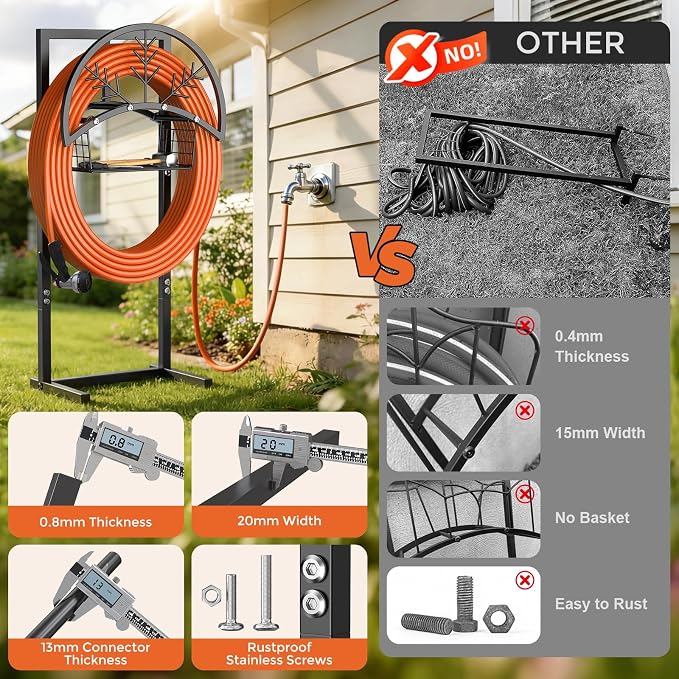 Heavy Duty Garden Hose Holder with Storage Basket, Holds Up to 160FT Hose, Freestanding Metal Water Hose Organizer with 4 Anchor Spikes, for Outdoor Yard Lawn Patio
