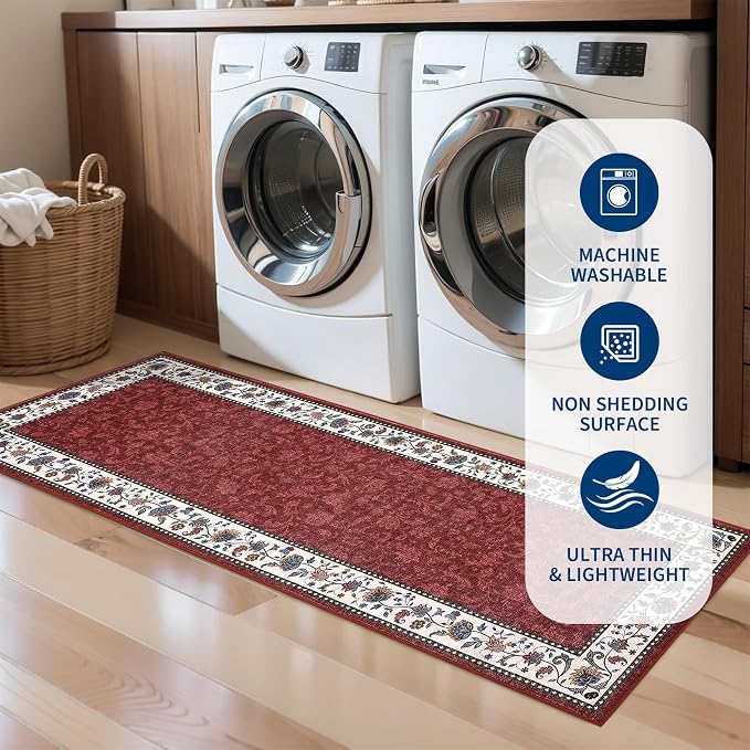 Garvee 8x10 Vintage Floral Washable Rugs for Living Room Bedroom Rug | Red Boho Border Area Rug Stain Resistant Easy Cleaning Throw Rugs Low Pile Floor Cover for Nursery Dining Room Apartment