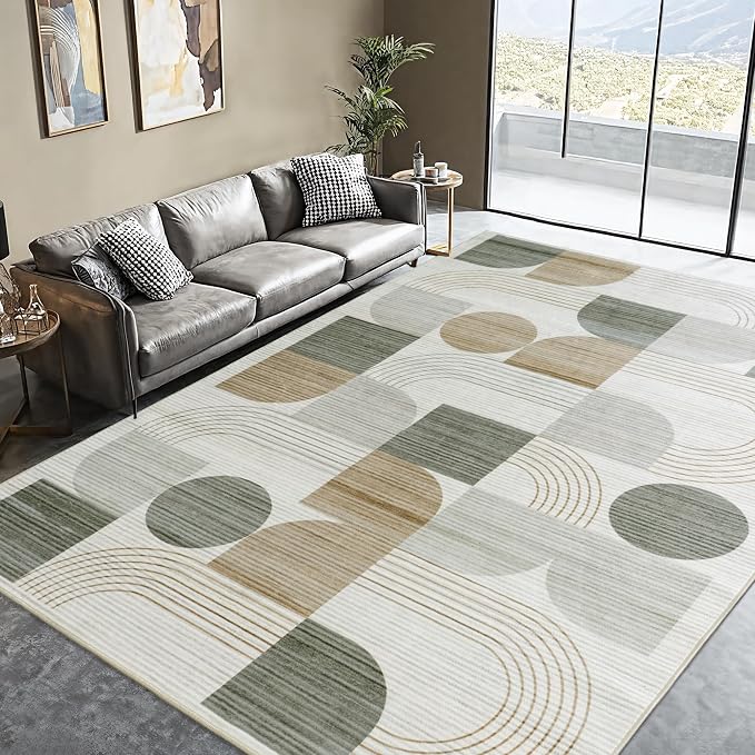 Soft Modern Geometric Abstract Machine Washable Large 5x7 Area Rug | Beige Rugs for Bedroom Living Room, Non-Shedding Faux Wool Indoor Throw Floor Carpet for Office Entryway Dining Room Decor