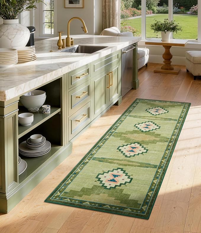 YIHOUSE 2‘x6' Non-Slip Green Mid Century Modern Runner Rug for Kitchen | Washable, Low Pile, Funky Retro Aztec Long Rug for Hallway Entryway Bedroom