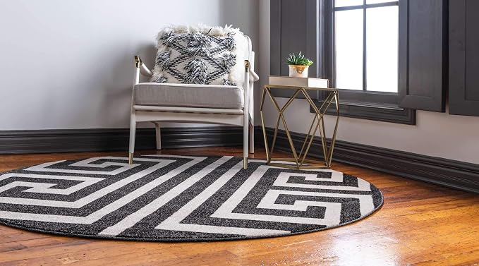 Unique Loom Athens Collection Classic Geometric Modern Border Design Area Rug (6' 0 x 6' 0 Round, Black/ Beige)