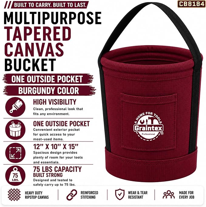 Graintex Tapered Canvas Bucket 12"x10"x15", Utility Tool Bucket One Inside Pocket, Reinforced Base & Carry Handle, Ripstop Canvas (Burgundy)