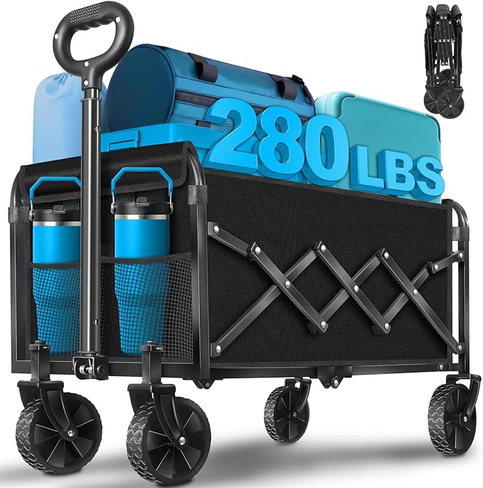Wagons Carts Foldable,280lbs Collapsible Wagon Foldable Wagon with Wheels, Portable Folding Cart for Camping, Picnic,Beach, Groceries,Outdoor Sports,Shopping (Black)