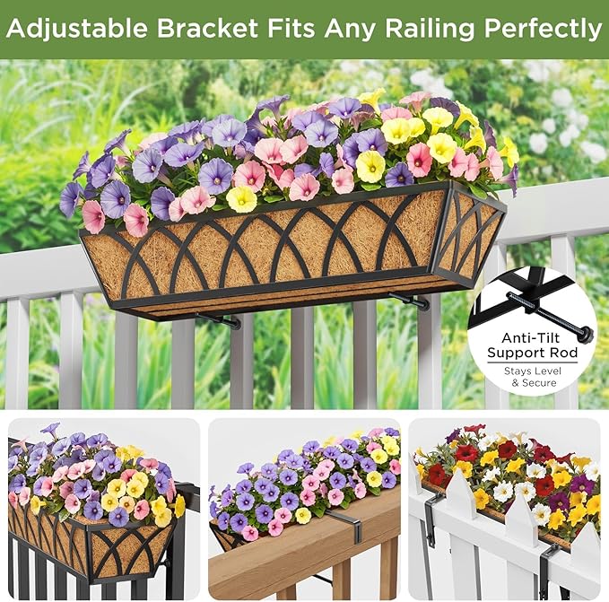 HFHOME 24 inch 2 Pack Railing Planter Boxes, Heavy Duty Window Box Planters, Adjustable Balcony Planters for Railing Hanging, with Coco Liner & Support Rod for Deck, Porch, and Patio Gardening