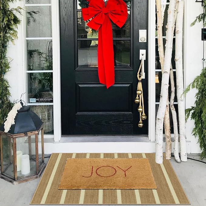 Indoor Front Door Mat, 2x3 Cottage Tan Beige Striped Front Door Rug | Non-Slip Washable Doormat Indoor Outdoor Entrance Small Rugs for Entryway Bedroom Kitchen Mat for Floor Front Porch Decor
