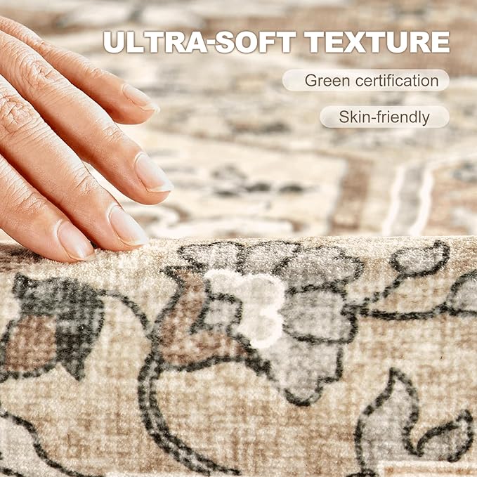 Washable Area Rug-8X10 Vintage Neutral Soft Beige Brown | Non Slip Thin Foldable Large Floor Carpet for Living Room Bedroom Kitchen Dining Room Home Office Farmhouse Indoor