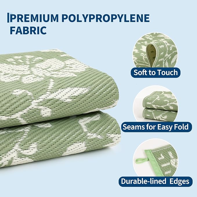 Garvee 5x8 Outdoor Patio Rug, Floral Waterproof Outdoor Rug for Camping with Portable Bag, Vintage Plastic Straw RV Rugs for Outside, Reversible Mats for Picnic Backyard Porch Balcony, Green