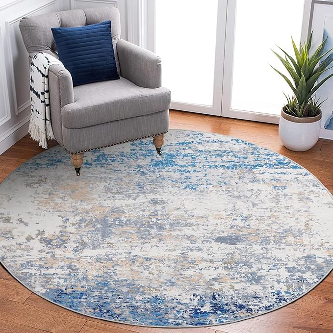 ROYHOME Modern Abstract 8x8 Round Area Rug Non Slip, Blue/Grey | Non Shedding Rug Low Pile Stain Resistant for Bedroom Living Room office Dining Room
