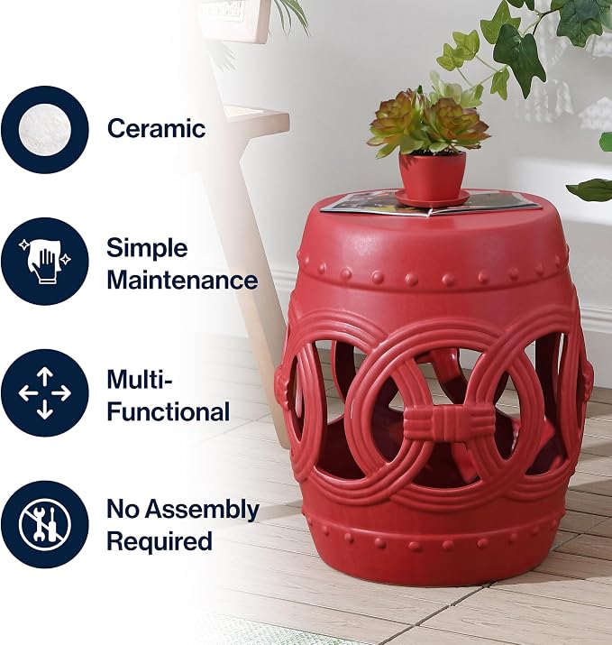 JONATHAN Y Lucky Coins 16" Ceramic Garden Stool, Contemporary Matte Red Cutout Interlocking Rings Drum Indoor/Outdoor Side Table and Plant Stand for Patio, Garden, Living Room TBL1022C