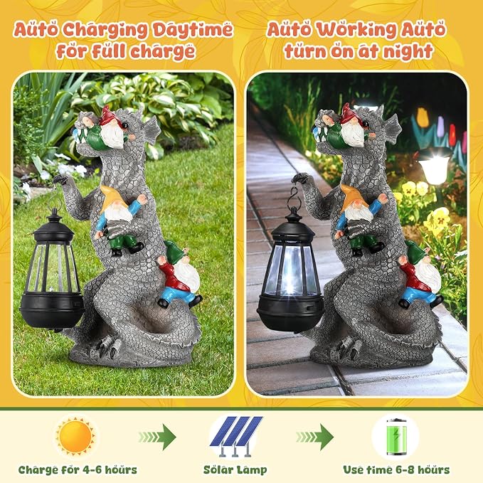 Garden Statue Decor with Solar Lantern Dinosaur Eating Gnomes Garden Statues Outdoor Decor 12” Dinosaur Gnomes Garden Statues Gnomes Statues Gardening Gift for Outdoor Patio Yard Decoration