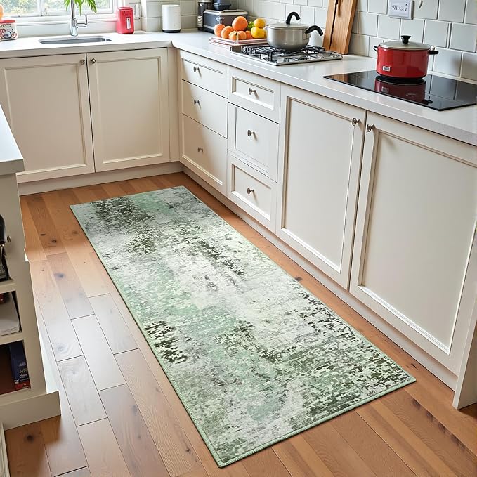 Green Washable Runner Rug for Bedroom, Abstract Non-Slip Soft Entryway Rugs, Modern Low Pile Stain Resistant 2x6 Carpet for Entryway, Kitchen, Hallway, Bedside