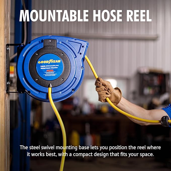 Goodyear Air Hose Reel Retractable 3/8" Inch x 50' Foot Hybrid Polymer Hose Max 300PSI Commerical Polypropylene Construction