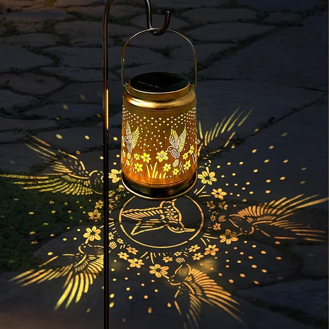 KY&BOSAM Retro Solar Lanterns Outdoor Waterproof Hummingbird Garden Decor | Premium Old Gold Color Metal Hanging Outside Solar Lights,Birthday Gifts for Women Mom Outside for Yard,Patio,Backyard,Porch