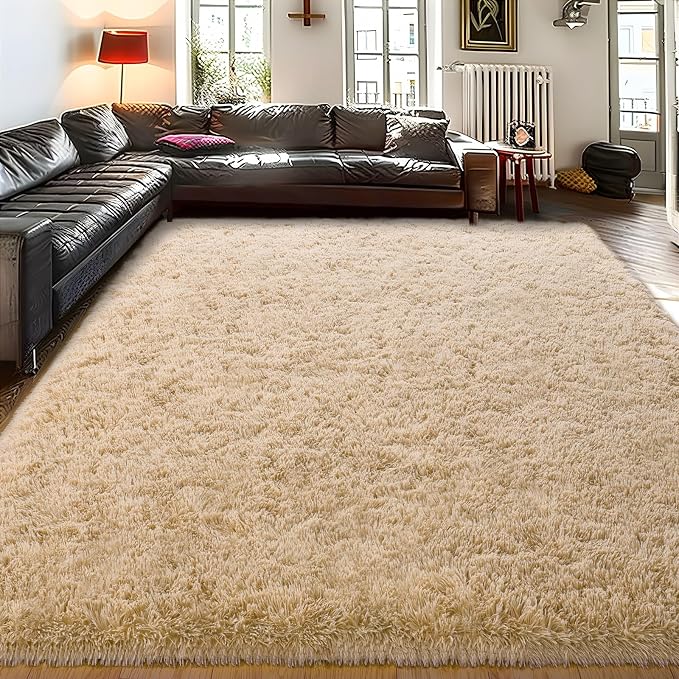Soft Shag Fluffy Living Room Rug 5x7 Beige Washable | Upgrade Non-slip, 5 x 7 Shaggy Rugs for Bedroom Nursery, High Pile Fuzzy Plush Carpet Girls Kids Room Dorm, Flame Resistant