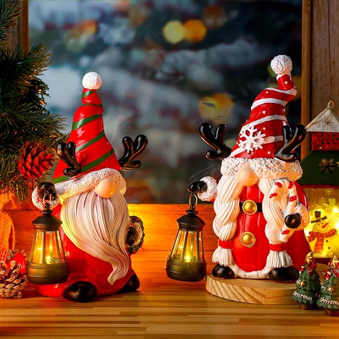 Suzile 2 Pack 9.4 Inch Gnome Statue Christmas Garden Decor with Solar Lights Resin Outdoor Christmas Decoration Figurine with LED Lantern Outside for Courtyard Lawn Patio Porch Housewarming Gift