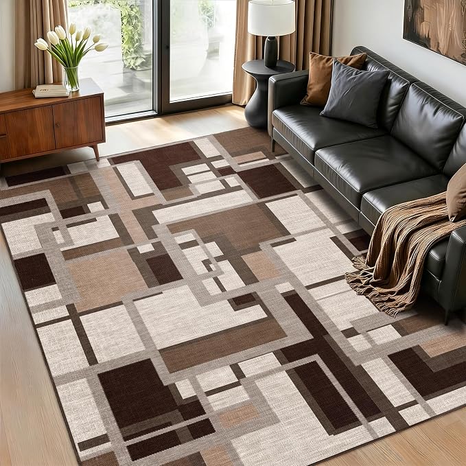Pionblank Modern Geometric Area Rugs for Bedroom, Coffee Brown 4x6 Rug | Mocha Brown Chocolate Patchwork Carpet for Living Room Dining Room Office | Soft Low-Pile Floor Rug | Abstract| Non-Slip