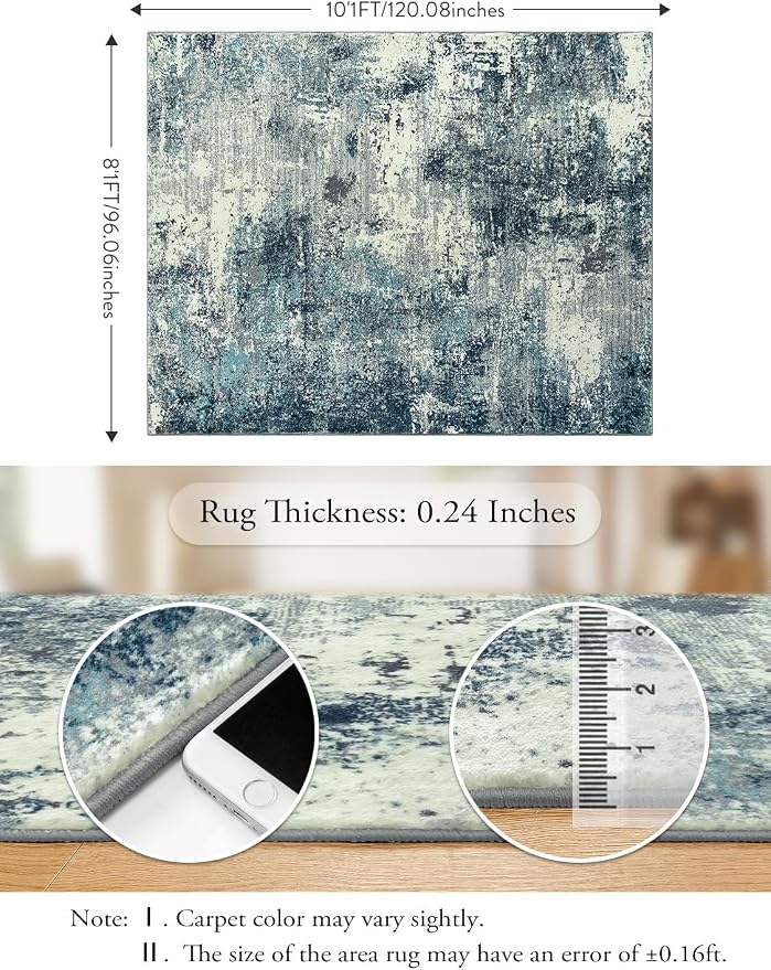 Lahome Abstract 8x10 Area Rugs,Washable Blue Grey Living Room Rug Non-Slip,Low-Pile Soft Modern Bedroom Floor Carpet Indoor for Dining Room Kids Playroom (Teal/Blue)