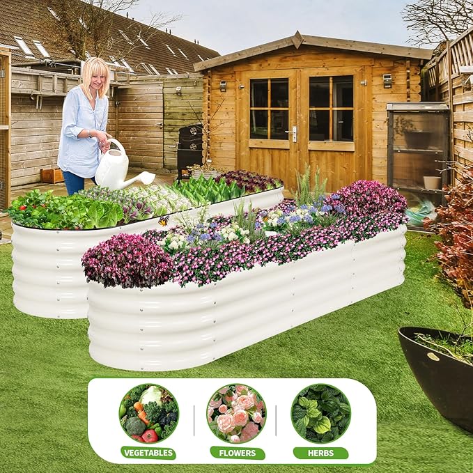 Galvanized Raised Garden Bed Outdoor- 2 Pcs Raised Beds for Gardening| Metal Planter Box, Steel Raised Garden Bed Kit with Gloves for Vegetables, Flower, Herbs (8x2x1.4FT, White)