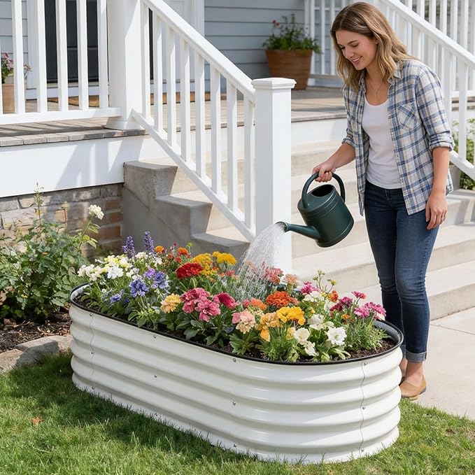 Galvanized Raised Garden Bed Outdoor, 2Pcs 4x2x1ft Oval Planter Box with Rubber Strip,Metal Raised Bed Kit for Vegetables Flowers Herbs, White