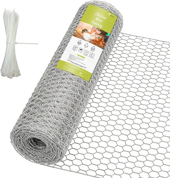 Chicken Wire Fencing, 16.5 x 138 Inch Chicken Wire Mesh Roll for Garden Plants, 1 Inch Mesh Hexagonal Galvanized Metal Poultry Wire Netting for Chicken Coop Rabbit Dogs Barrier