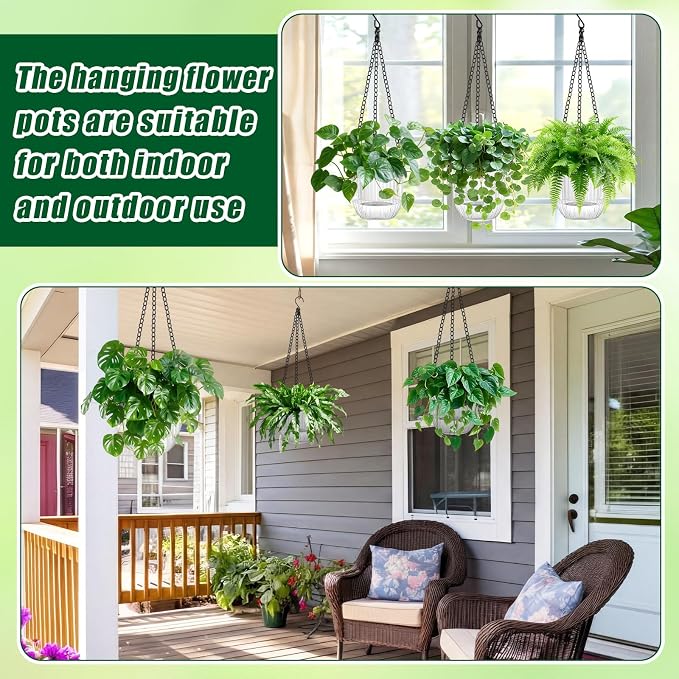 12 Pcs 4.5 Inch Self Watering Hanging Planters for Indoor Outdoor Plants Bulk Pet Small Hanging Flower Pots with Chain Hooks Drainage Holes with Labels 3 Transplant Tools Baskets for Simple Plant Care