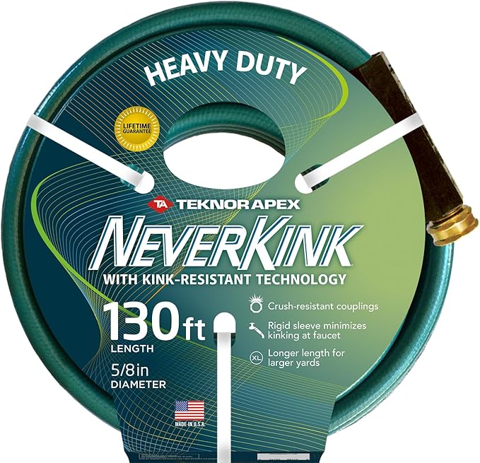 Teknor Apex Neverkink 130ft Garden Hose, 8615-130, Heavy Duty Hose Reel Garden Hose, 5/8-Inch by 130-Feet