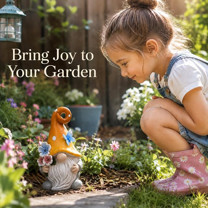 Solar Garden Gnome Statue: Outdoor Figurine with Flower Light | IP65 Waterproof Resin, LED Lighted Butterfly, Yard Lawn Porch Balcony Patio Home Decor, Gifts for Mom Women Grandma