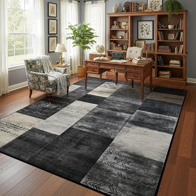 Washable Area Rugs 4x6 for Living Room, Modern Geometric Black White Soft Patchwork Carpet, Non-Slip Stain Resistant Throw Rug for Bedroom Dining Room Office Home Decor