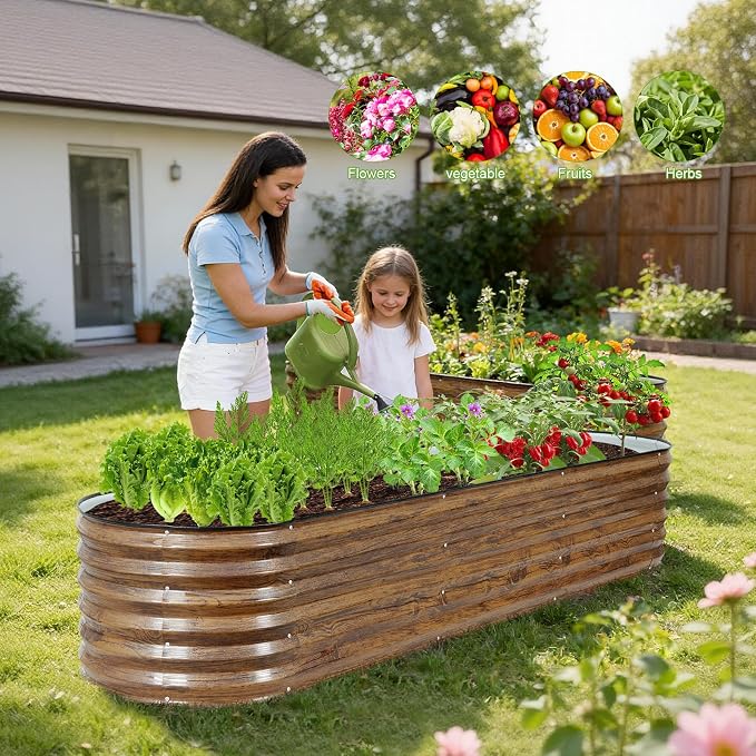 Galvanized Raised Garden Bed Outdoor- 8x2x1.4ft Oval Steel Raised Beds for Gardening, Metal Planter Box with Protective Strip and Gloves for Vegetables, Flowers, Fruits(Brown)