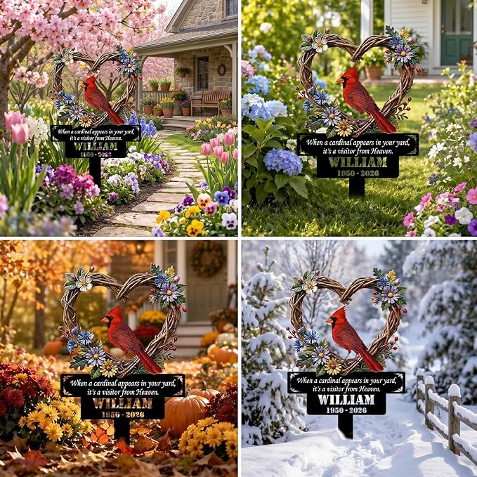 Personalized Cardinal Garden Sign with Stakes, Red Bird Metal Decor, Flower Yard Metal plaque, Gifts for Mom/Grandmother, Patio House Warming Gifts Outside