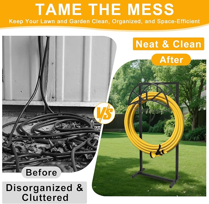 ZEMIRO CHARGE Heavy Duty Garden Hose Holder for Outside - Detachable Storage Basket with 4 Spikes Hooks, Super Stable Freestanding Stand Supports 150-Ft Hose, Perfect for Yard & Lawn