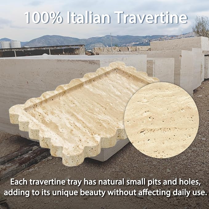 YMXYJM Genuine Travertine Scalloped Marble Tray, Real Natural Marble Stone Trays, Luxury Decorative Trays for Bathroom, Dresser, Vanity, Kitchen, Home Decor, 10.6" x 8", Travertine Beige