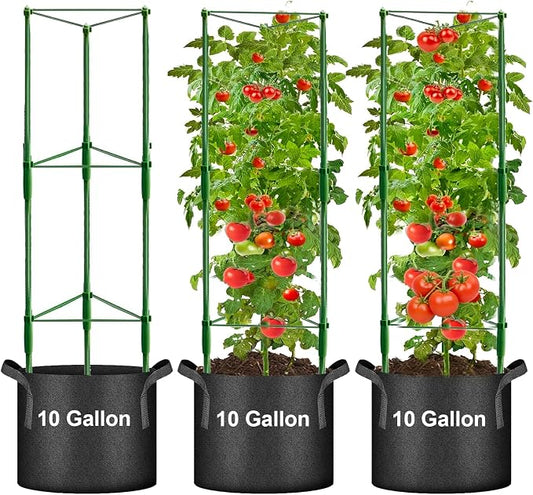 3 Pack Tomato Cage with 10 Gallon Grow Bags, 48" Height Adjustable Tomato Trellis with 65Ft Twist Tie, Heavy Duty Tomato Cages for Garden Flowers Vegetables Climbing Plants