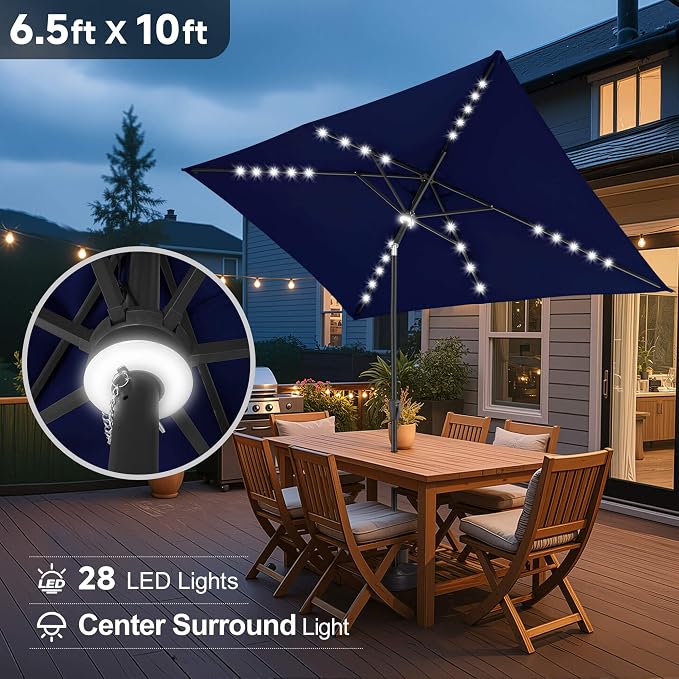 6.5x10 FT LED Lighted Rectangular Solar Patio Umbrella, Rectangular Solar Umbrella Outdoor with Center Ring Light 28 LED Lights, Rectangle Table Umbrella for Deck, Yard, Pool (Navy Blue)