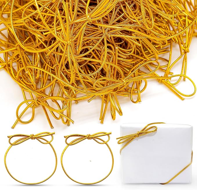 FQTANJU 200 Pcs 10Inch Gold Stretch Loops with Pre Tied Bows Metallic Elastic Ribbon String Gold Elastic Cord for Gift Wrapping Crafts Tags Gift Boxes Bow
