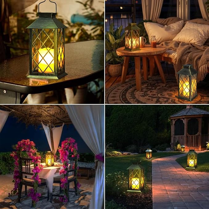 Yowin Solar Lanterns Outdoor Waterproof 2 Pack 14" Large Tempered Glass Hanging Solar Lantern with Flameless Candle, Garden Gifts, Table Lamp for Wall Balcony Patio Vintage Decorations - Bronze