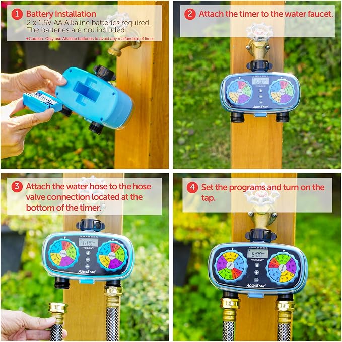 AQUASTAR Two-Zone Hose Watering Timer (Blue), Automatic Irrigation for Lawn, Garden, Yard, Two Outlets