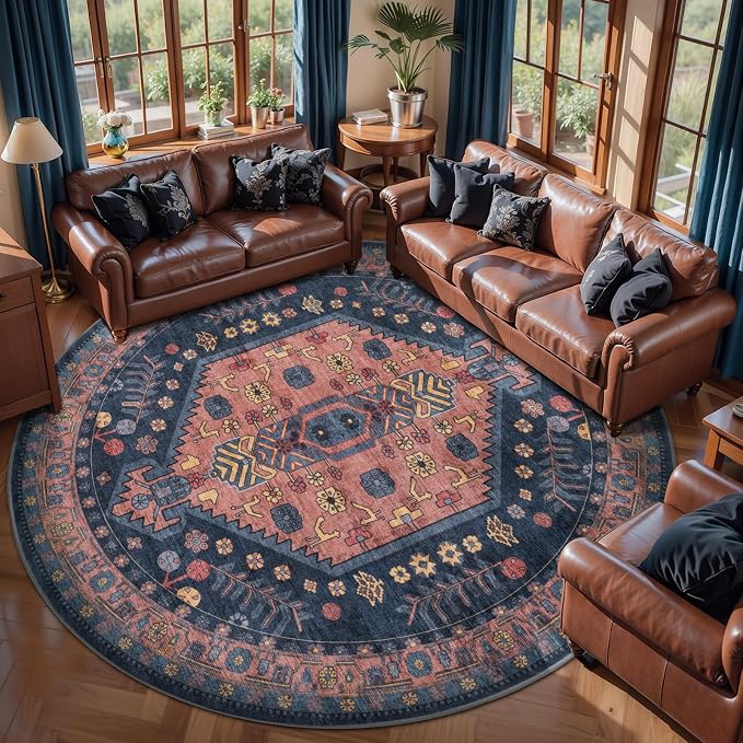 Ciicool 8ft Round Area Rugs for Living Room,Soft Circle Carpet for Bedroom | Large Oriental Low-Pile Vintage Non-Slip Indoor Navy for Kitchen Entryway Bedside Laundry Bathroom Dining Room Foyer Decor