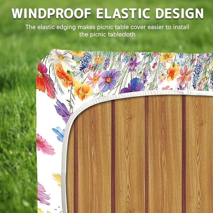 Flowers Picnic Table Cover with Bench Covers Elastic Edges, 3 Pcs Flowers Fitted Table Cover with Drawstring Bag, Waterproof Windproof Aesthetic Camping Tablecloth, Outdoor Camping Essentials 72 Inch